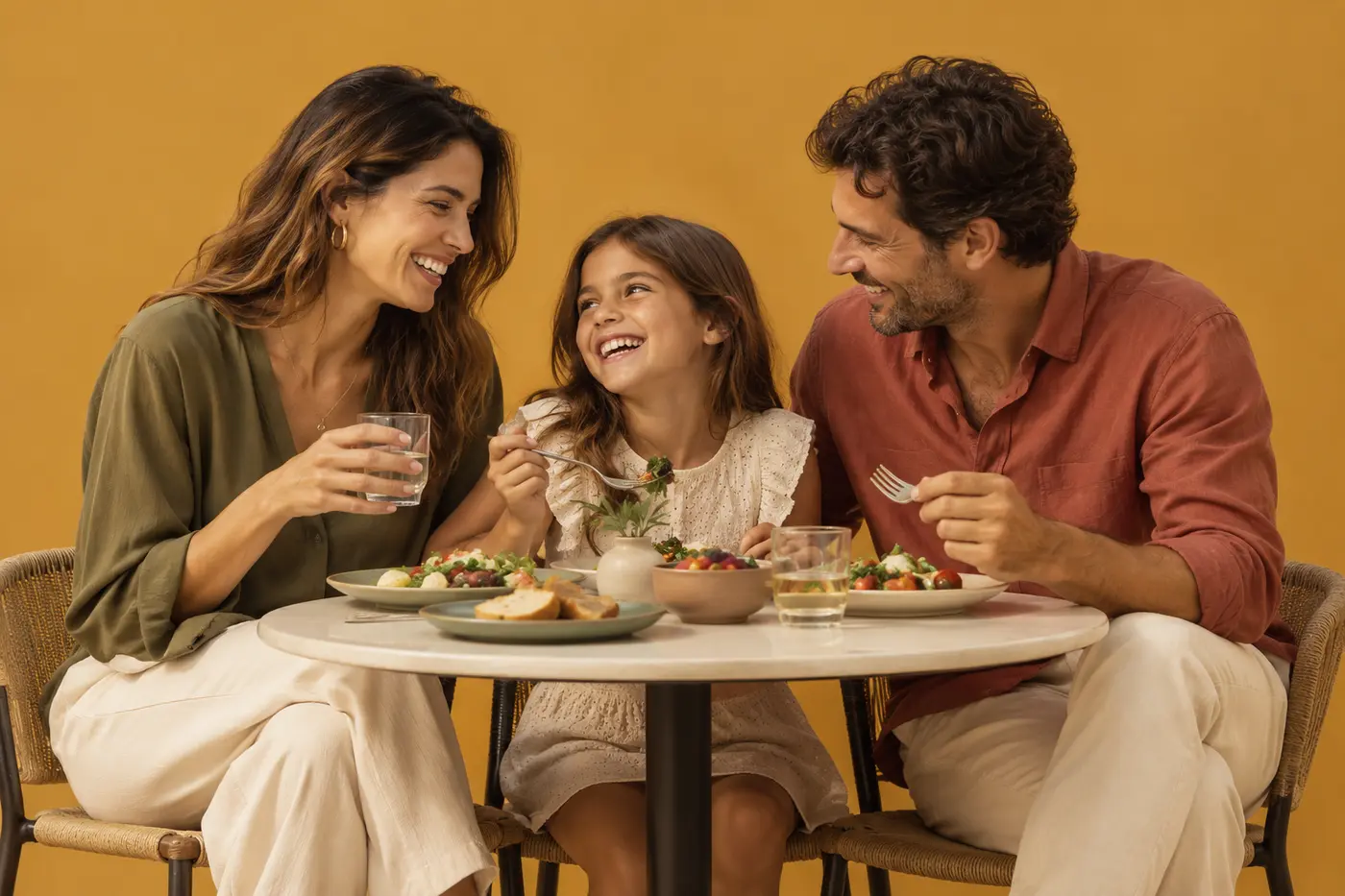 Familia de tres personas compartiendo una comida en una escenografía de estudio color ocre