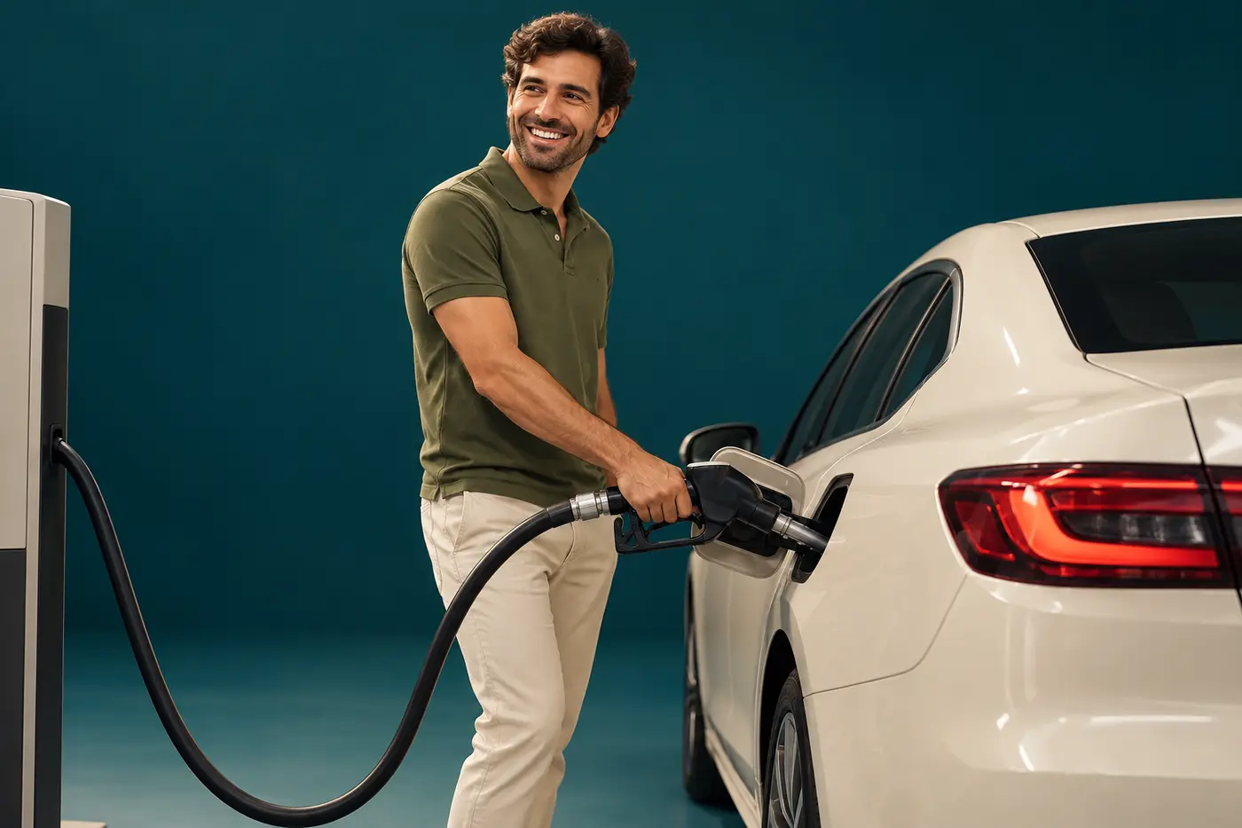 Modelo repostando un coche genérico en un escenario de estudio sin ubicación reconocible